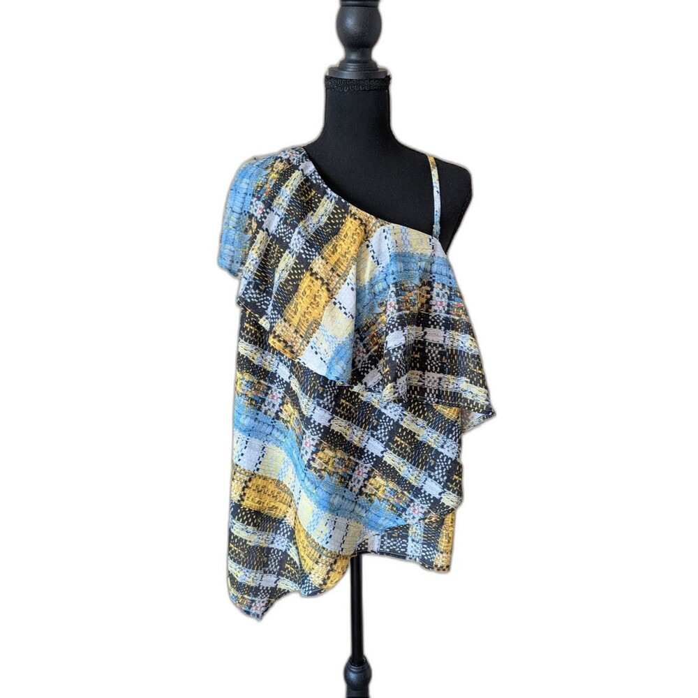 project Runway One-Shoulder Ruffle Camisole in Blue, Yellow and Black Plaid